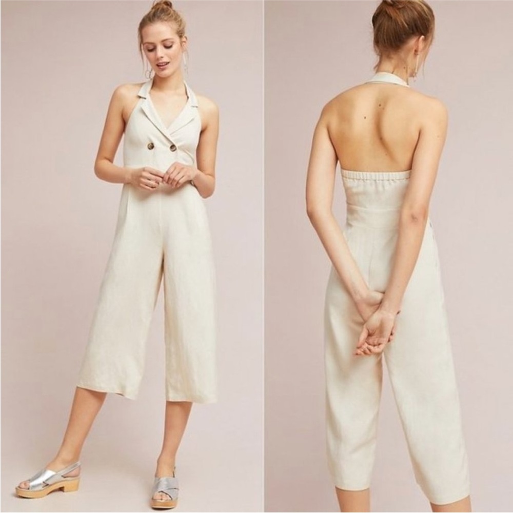 Anthropologie HD in Paris Double Breasted Cropped Linen Blend Jumpsuit